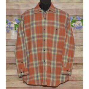 Orvis Men's XL Flannel Shirt Orange Plaid Pocket 100% Cotton Casual Workwear